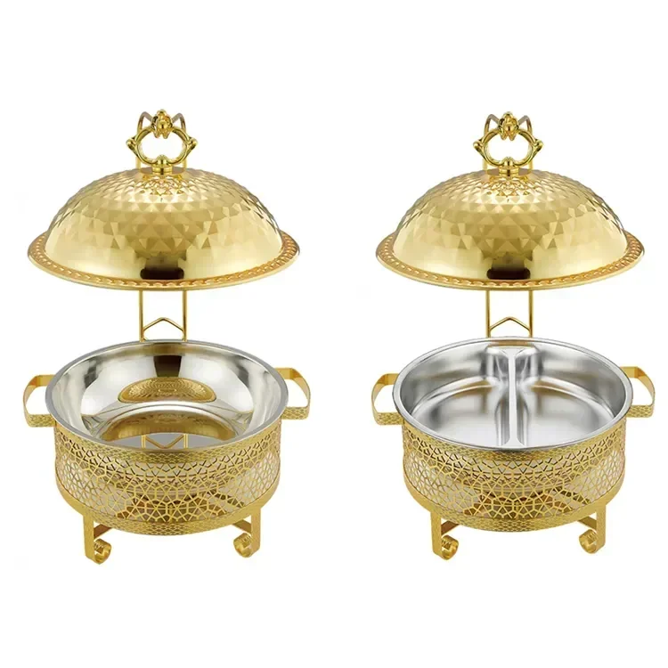 Trading House 4L/6L/8L Large Stainless Steel Gold Round Hanging Food Warmer Chafing Dish Buffet Food Warmer Alcohol