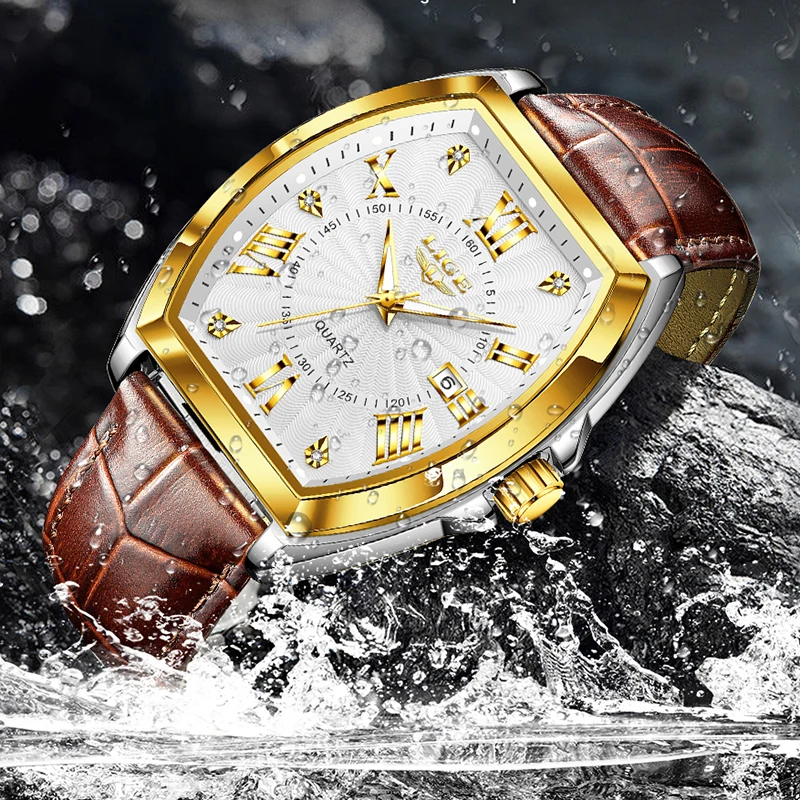 LIGE New Military Watches For Men Original Brand Luxury Leather Men's Quartz Wristwatch Fashion Waterproof Square Chronograph