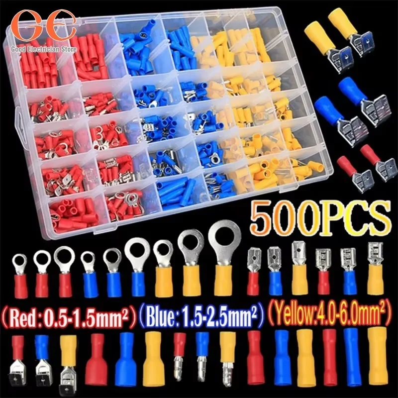 

500PCS AWG22-10/05-6.0mm Electric Lug Assorted Insulated Wire Crimping Tips Terminals Kits Spade Ring Bullet Piggyback Butt