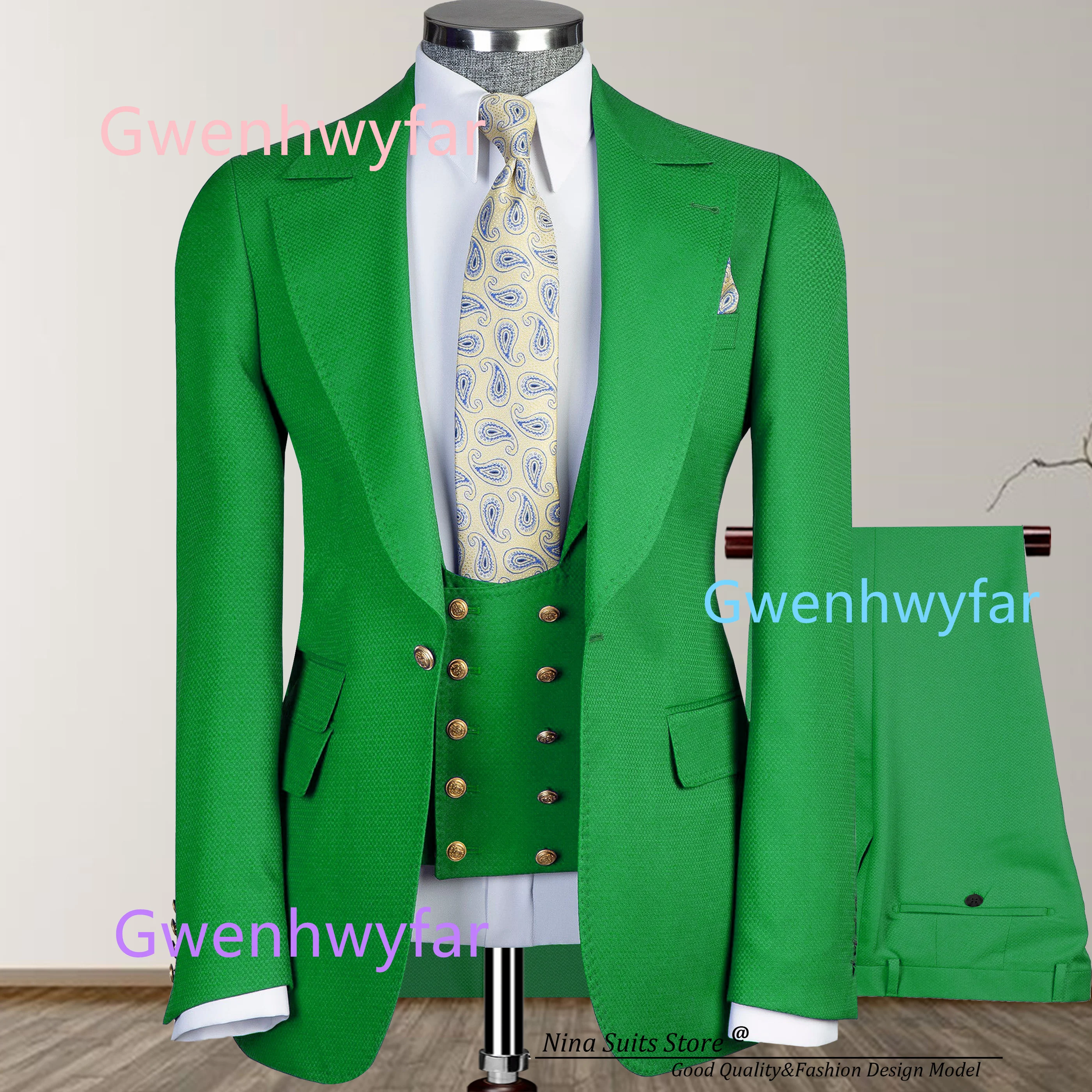 

G&N 2026 Spring New Small Checkered Jacquard Suit Men's 3-Piece Set Vest U-shaped Neckline Green Wine Red Lake Blue Black Pink