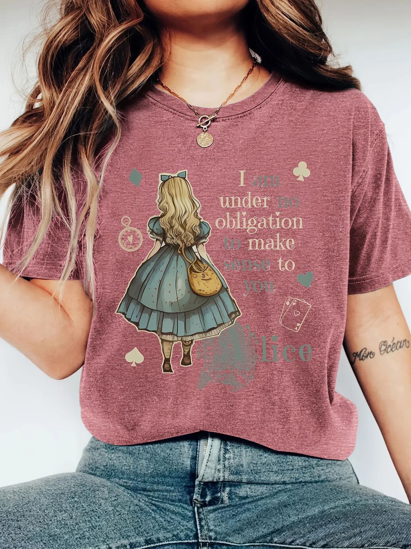 Women Heather Dark Gray Crew Neck Tee Alice Playing Card Letter Print Short Sleeve Casual Daily Ladies Tops