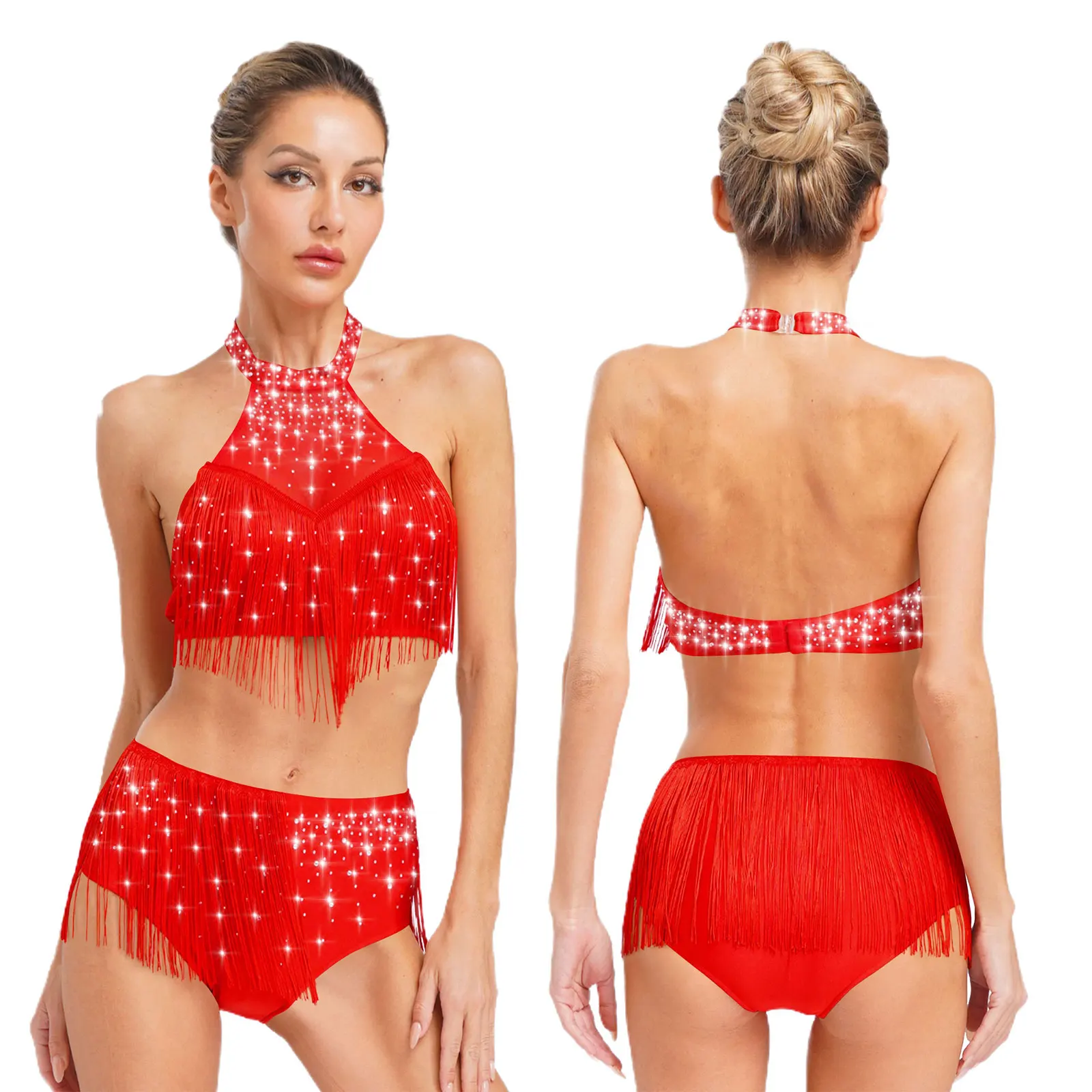 현대 서정적 댄스 의상 탱고 살사 라틴 댄스 공연 경연 대회 댄스웨어 민소매 프린지 크롭 탑 스커트 세트