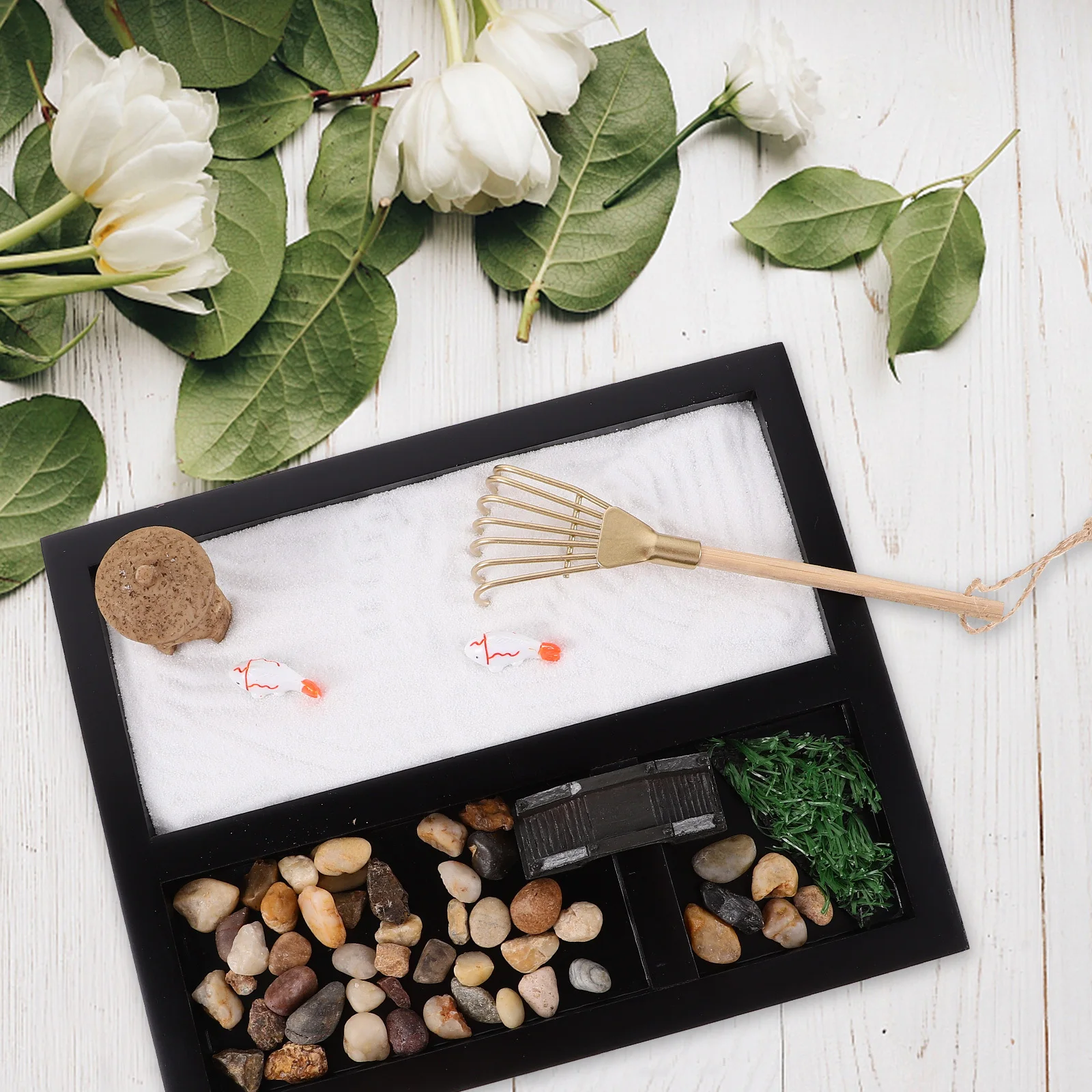 Mini Zen Garden - Dekoracja z piaskiem, stolik z piaskiem z grablią, czarna piaskownica na biurko do medytacji, relaksu, dekoracja biurka w biurze, do użytku w pomieszczeniach