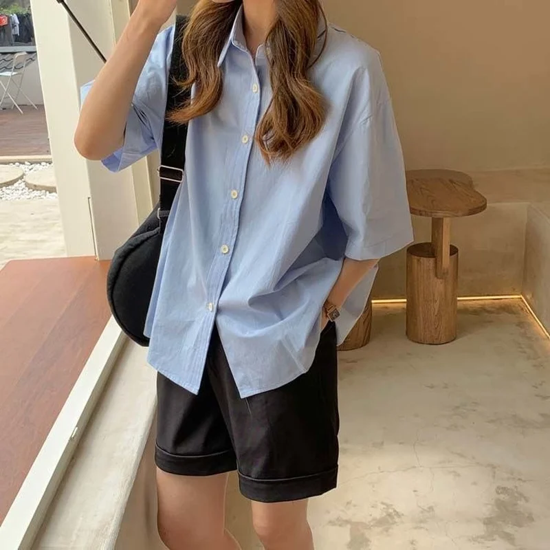 Short Sleeve Shirts Women Solid Cool Unisex College Рубашки Korean Style All-match Basic Mujer De Moda Prevalent Stylish Ins New