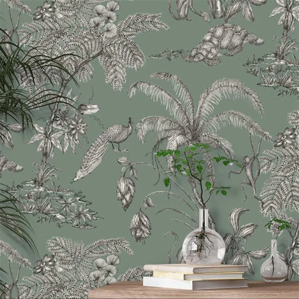 

Custom Ancient Tropical Jungle Animals monkey wallpaper living room Peacoark Palm Trees Forest wall paper 3D mural wall stickers