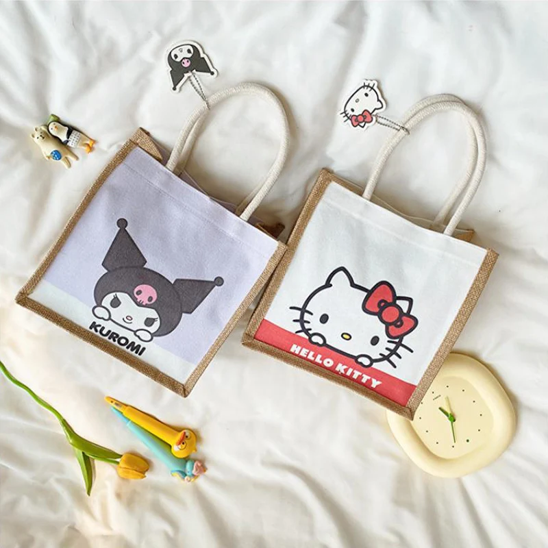 Kawaii Sanrio My Melody Kuromi Hello Kitty Pochacco bolso de yute Vintage de dibujos animados, de gran capacidad bolso de hombro, regalo