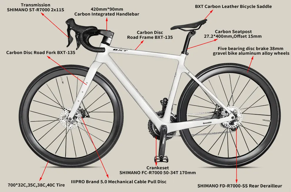 ألياف الكربون الحصى الدراجة 700C كامل المخفية كابل توجيه مكبح قرصي مجموعة 105 R7000 2*11 سرعة دورة الطريق الحصى دراجة