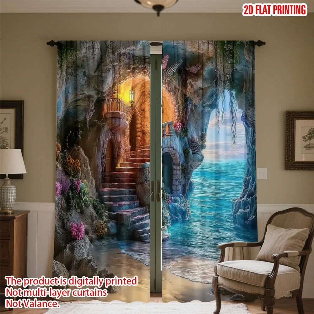

2D flat printing 2pcs Party Window Curtains Seaside Enchanted Cavehouse Digital Printed Polyester Drapes Holiday Decorations for