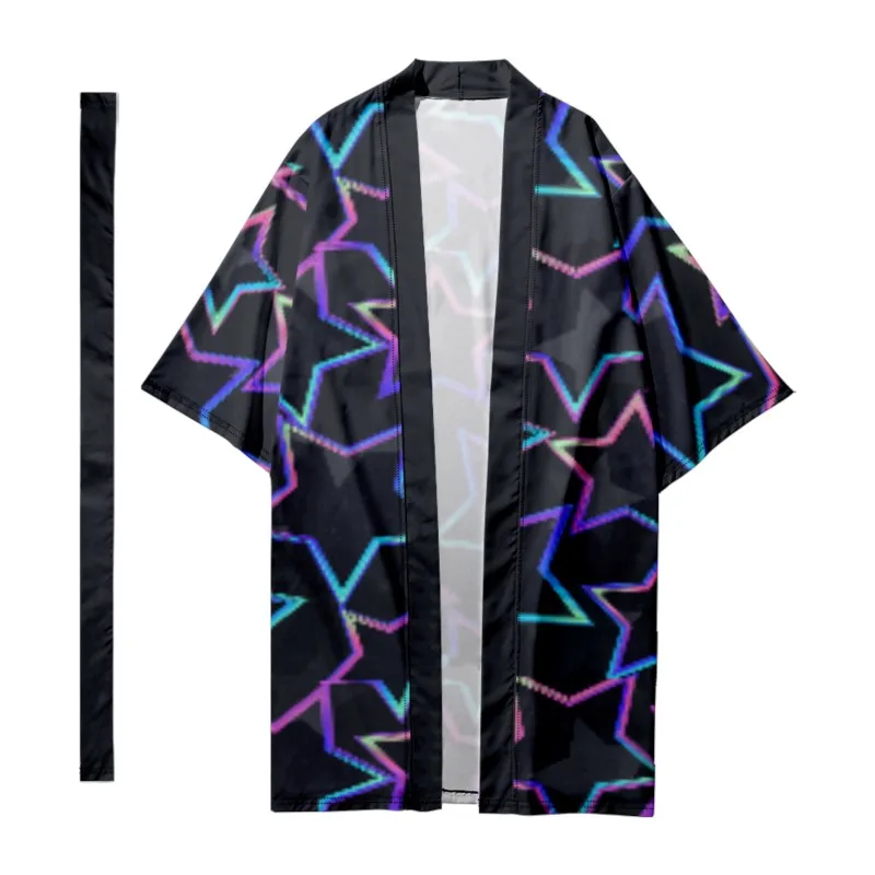 Men's Japanese Long Sleeve Kimono Samurai Vintage Style Stars Kimono Harajuku Cardigan Bathrobes Kimono Shirt Yukata Jacket