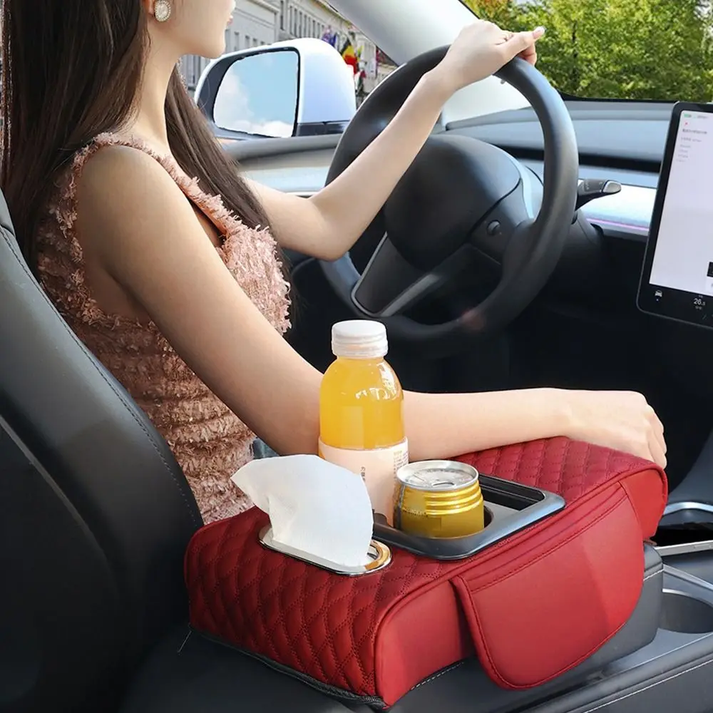 Car Center Console Height Increasing Armrest Cushion Multifunctional PU Leather Armrest Pad with Cup Holder Tissue Box