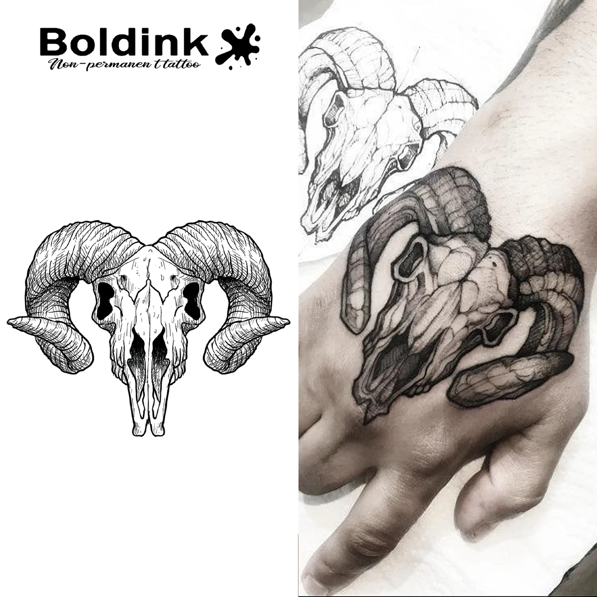 Skull of the Ram Temporary Tattoo,Lasts To 15 Days New Technology Magic Waterproof Semi Permanent Sticker.