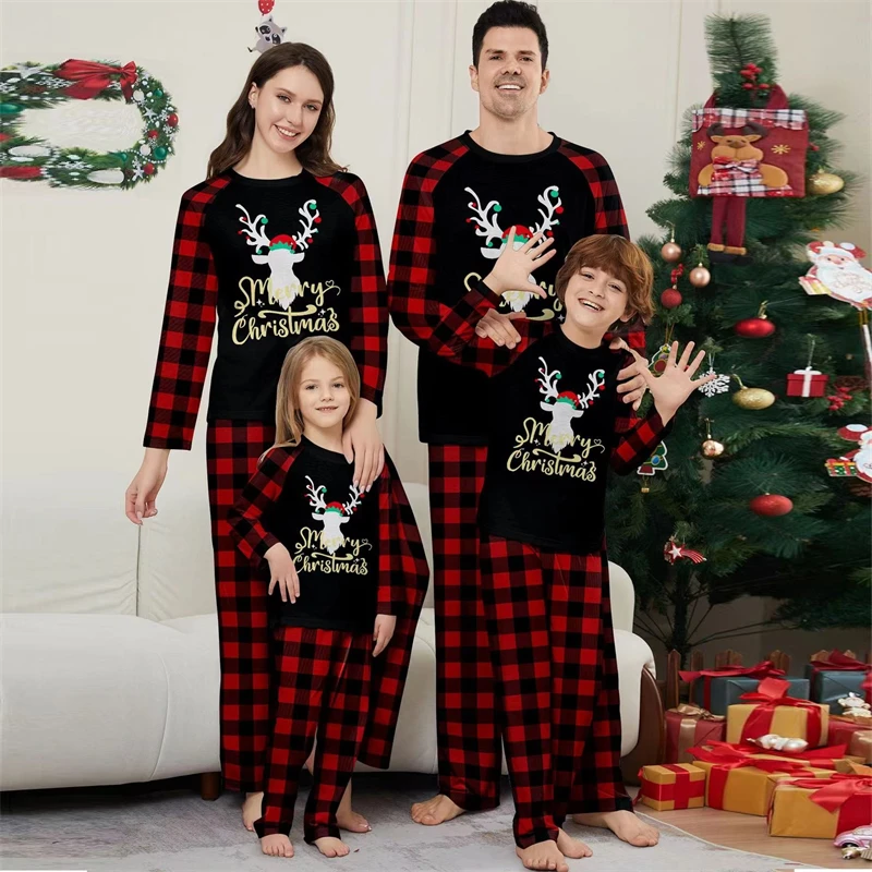 

2024 Christmas Elk Family Matching Pajamas Sets Plaid Daddy Mommy and Me Xmas Pj's Clothes Father Mother Kids Pyjamas Tops+Pants