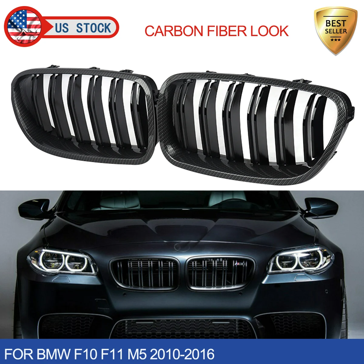 SAIQINGSP Car Accessories Tools One Set of Front Grilles for BMW F10 M5 528i 535i 550i Sedan 2010-2016 Carbon Fiber Look