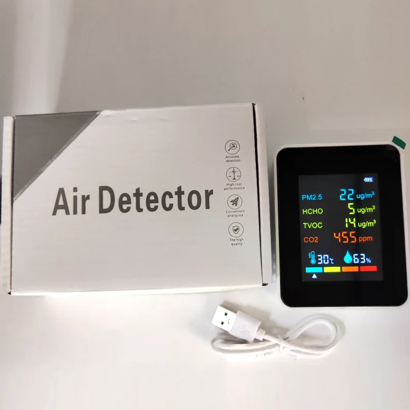 6 في 1 PM2.5 PM10 HCHO TVOC CO CO2 كاشف جودة الهواء CO CO2 الفورمالديهايد مراقب المنزل مكتب جهاز اختبار جودة الهواء #6