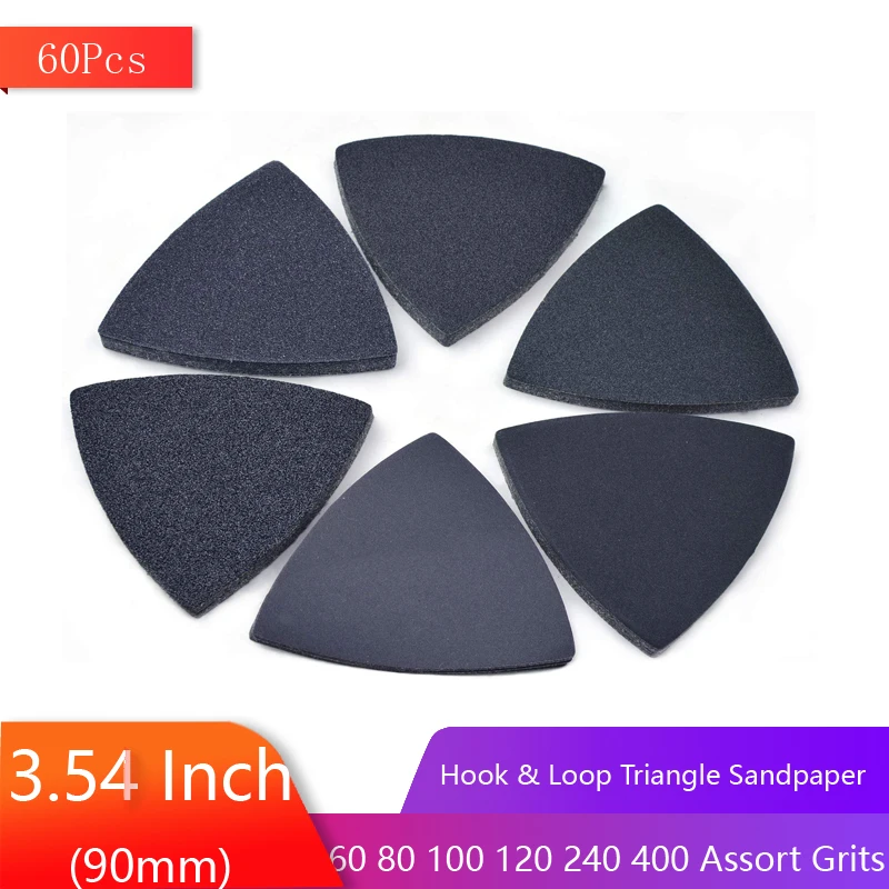 

60Pcs Triangle Sandpaper Hook & Loop Fit 3-1/2 Inch 90mm Oscillating Multi Tool 60 80 100 120 240 400 Grit Wet Dry Sanding Disc