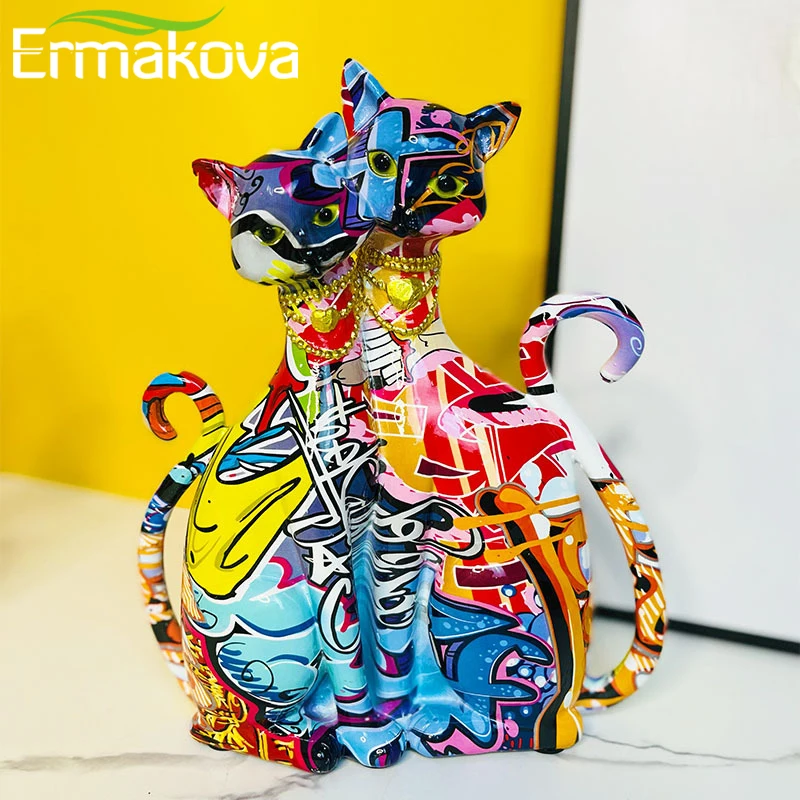 

ERMAKOVA Abstract Couples Cat Statue Figurines Painting Lovers Cat Sculpture Ornaments Office Home Interior Decor Valentine Gift