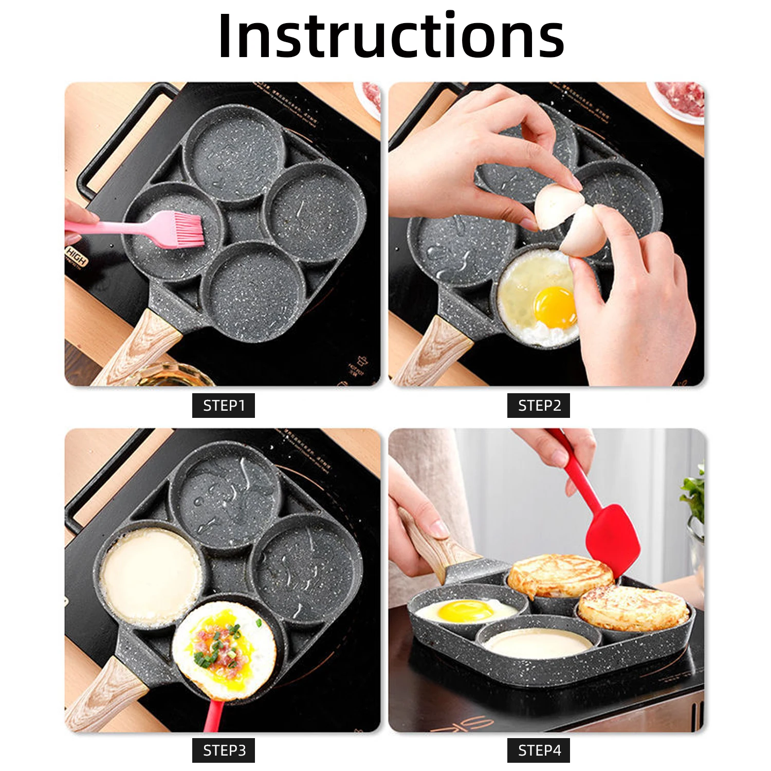 وعاء عجة حجر طبي بأربعة فتحات، غير لاصق، مسطح، وعاء زلابية البيض، برجر بيض الإفطار، مقلاة، قطعة واحدة