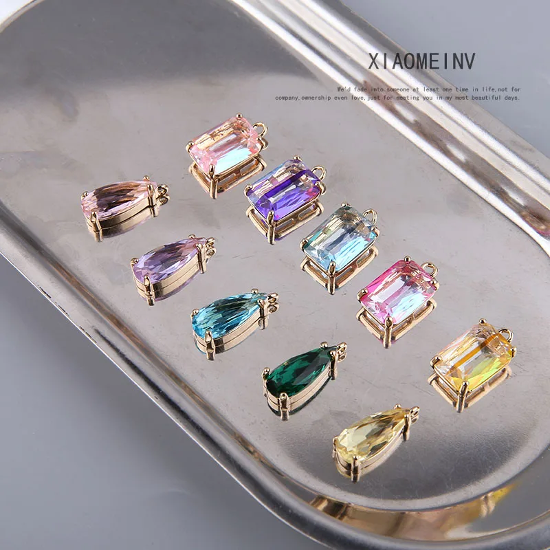 1pcs Diy Jewelry Gold Color Plating  Zircon Water Drop Rectangular Earring Necklace Bracelet Material Handmade Charms