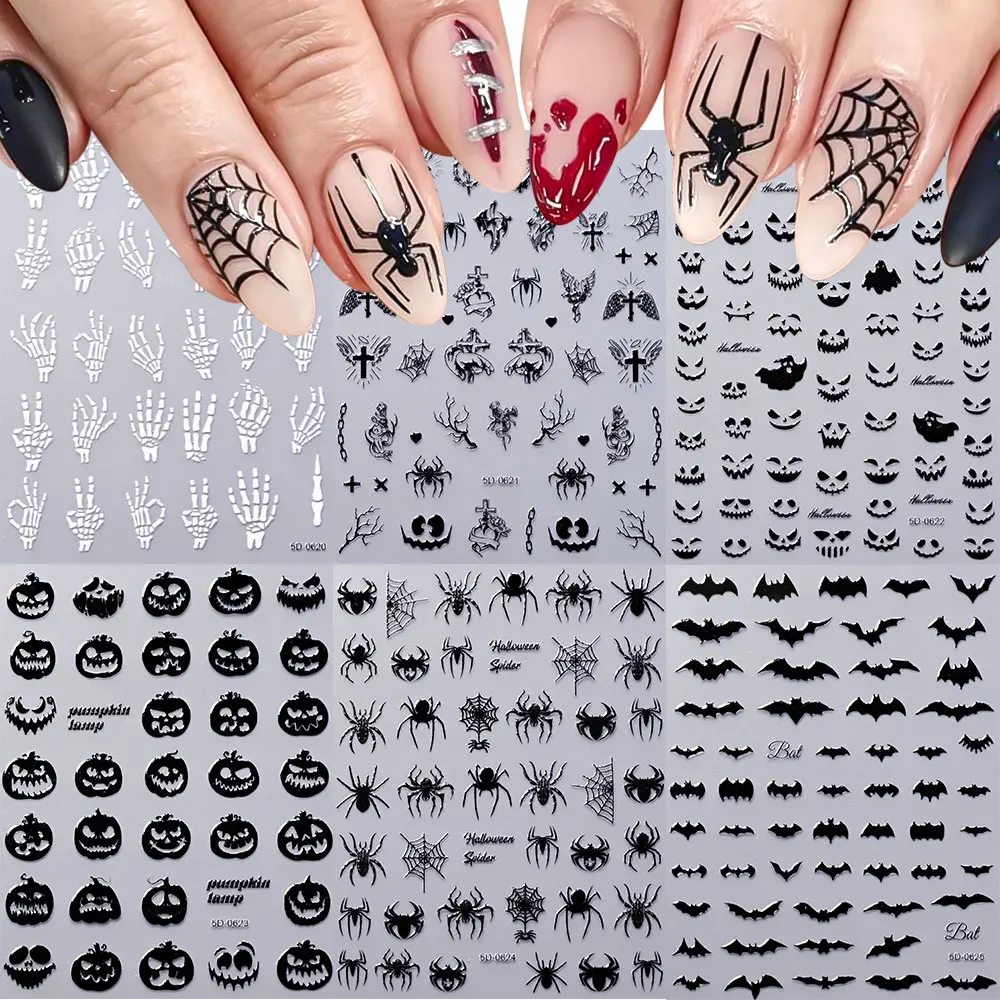 5D in rilievo Halloween Ragno nero Adesivi per unghie Spaventoso Ragnatela nera Decalcomanie per unghie Ragno autoadesivo Forniture per nail art 8 * 10c