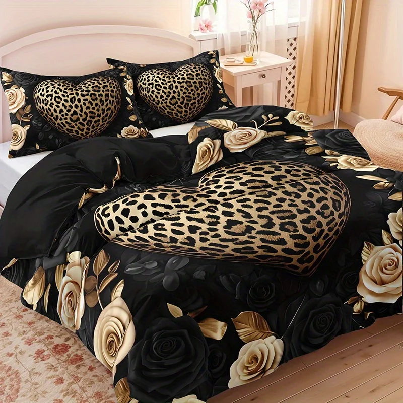 Leopard Print Heart Rose Bedding Set Home Dormitory High-Definition Luxury Vintage Romantic Style Bedding Set Bedroom Decor