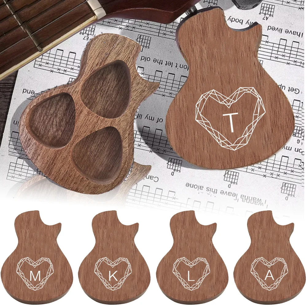 

1pc Guitar Pick Holder Wooden Storage Box Holder Portable Plectrum Case Guitar Shape Accessories Initial Name 26 Letters Pattern