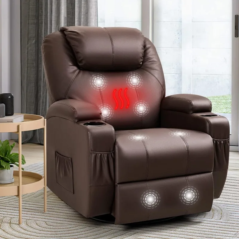 Rocker Recliner Chair with Massage and Heat for Elderly, Leather Adjustable 360°Swivel Rocking Sofa for Living Room