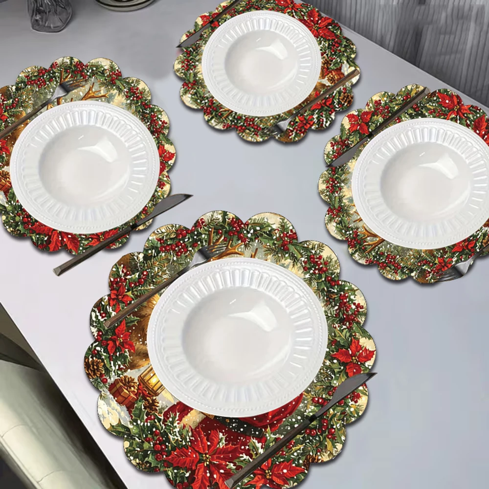 Santa Claus Reindeer Christmas Placemats with Poinsettia Holly Berry Table Mats Winter Snowy Holiday Dinner Table Decoration