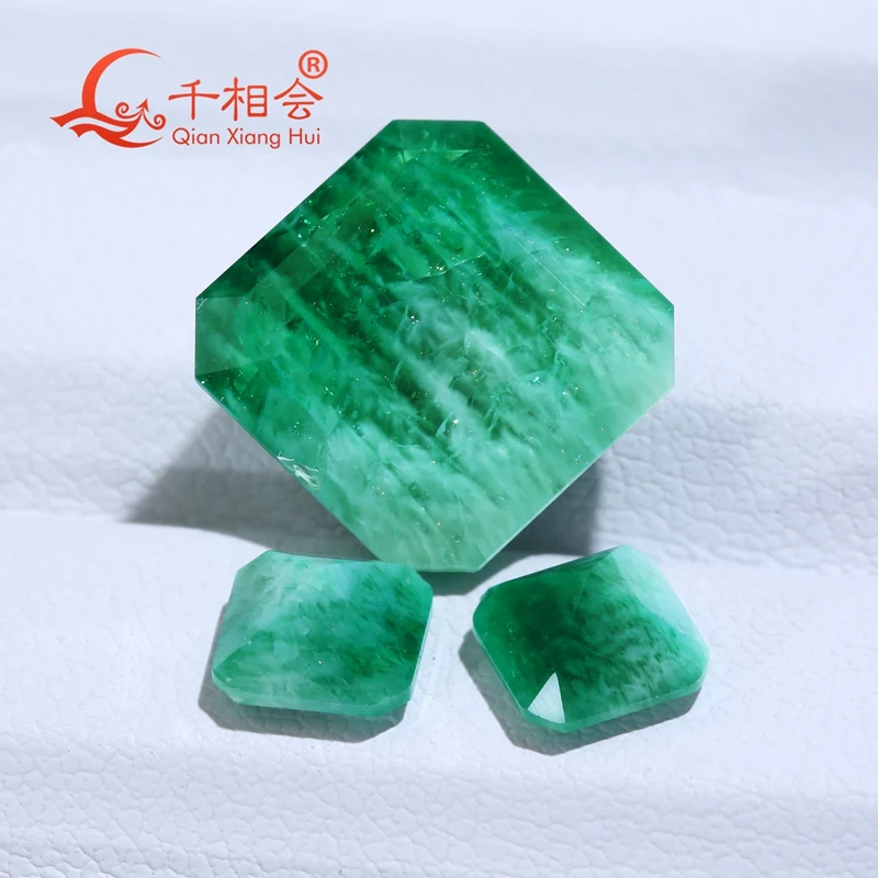Hydrothermal Lab Grown Bicolor Emerald Loose Gemstone Octagon Step Cut Two Tone Green Emerald With Natural Inclusions  jewelry