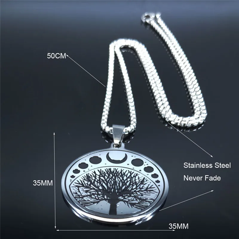 2024 السحر القمر الشمس الفولاذ المقاوم للصدأ القلائد النساء شجرة الحياة فضية اللون بيان قلادة مجوهرات colgantes N847S02
