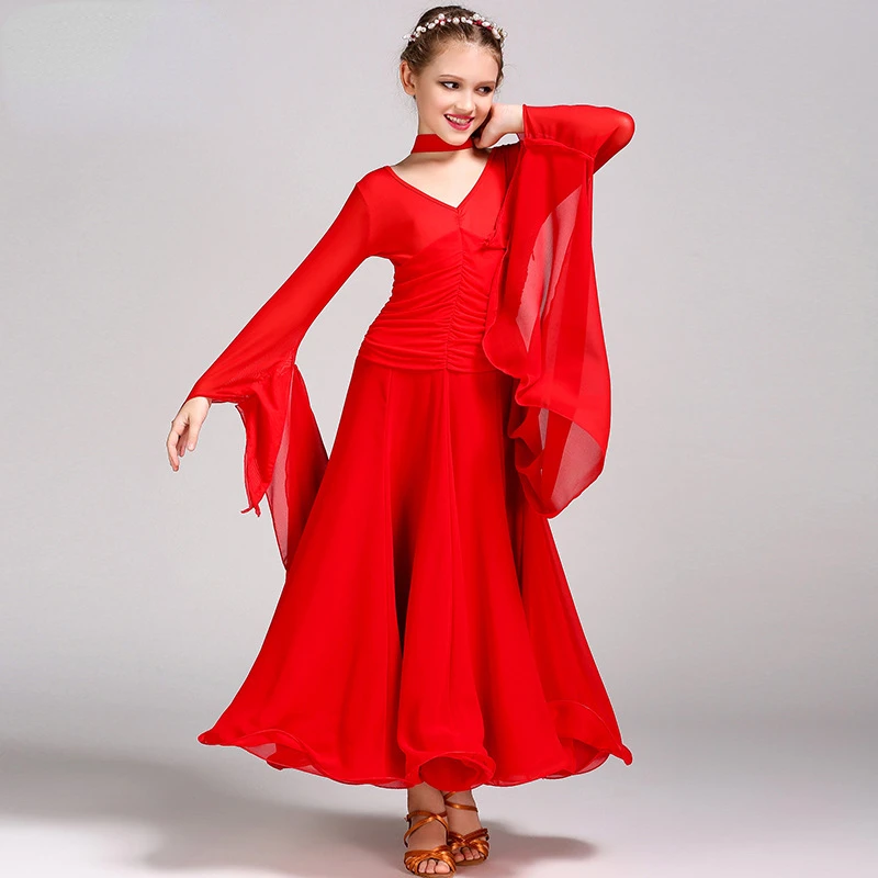 Robe de danse latine pour filles, à manches longues, bouffante, col en V, vêtements modernes