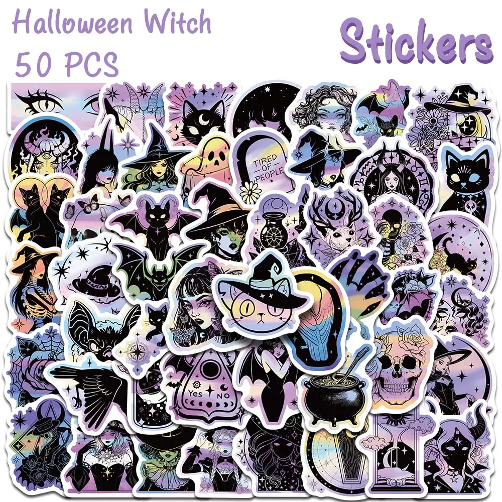 50pcs Halloween Witch Pastel Goth Laser Film Coating Stickers Decal For Laptop Journal Phone Scrapbook DIY Aesthetic Sticker