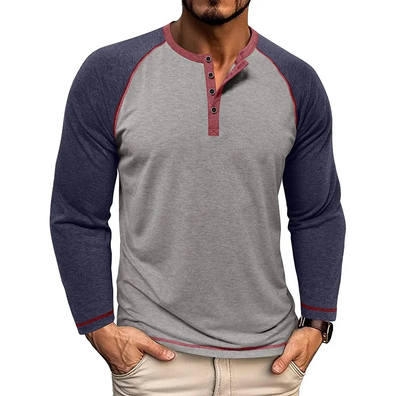 

New Autumn and Winter Men's Henry Neck Long Sleeve T-shirt American Mens Henry Shirts Top Tees