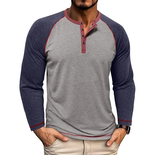 Nueva camiseta de manga larga con cuello Henry para hombre de otoño e invierno, camisetas americanas de Henry para hombre, camisetas superiores