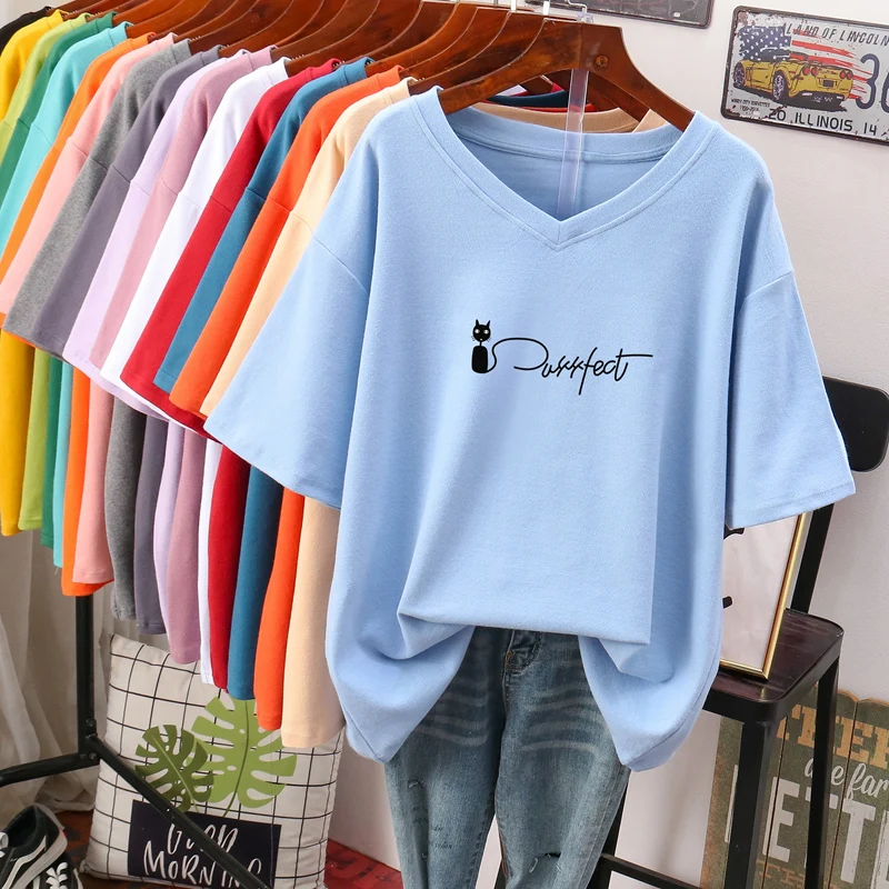 DAYIFUN Women Cotton T-Shirts Ladies Plus Size Short Sleeved Summer Tshirts Korean Loose 100KG Tees Female Casual V-neck Tops