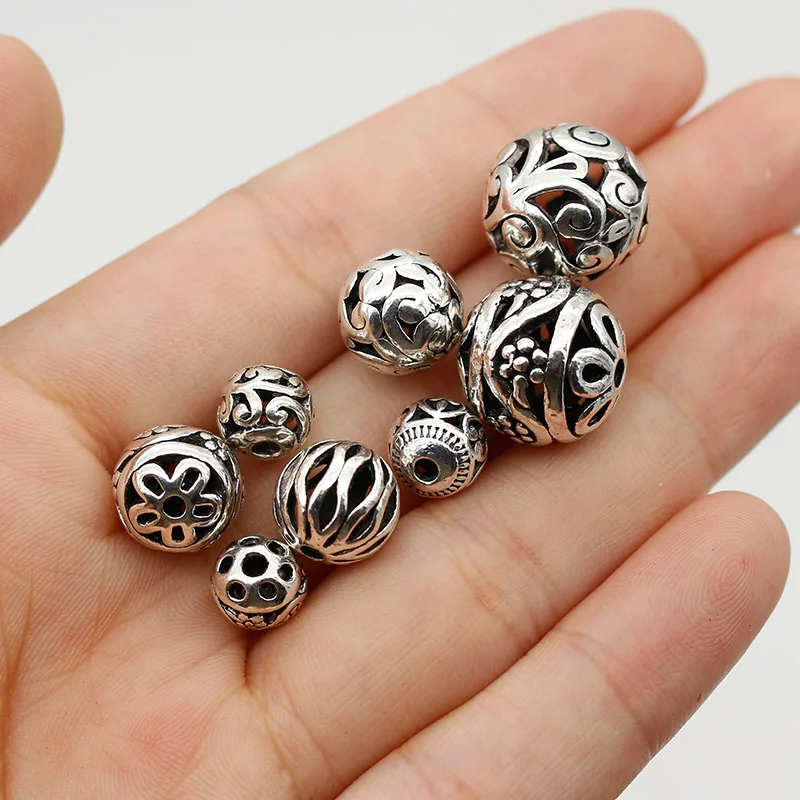 10pcs/Lot 8 Types Antique Silver Color Hollow Ball Loose Beads 8/10/11/14mm Manual Jewelry Metal Round Spacers DIY Jewelry Make