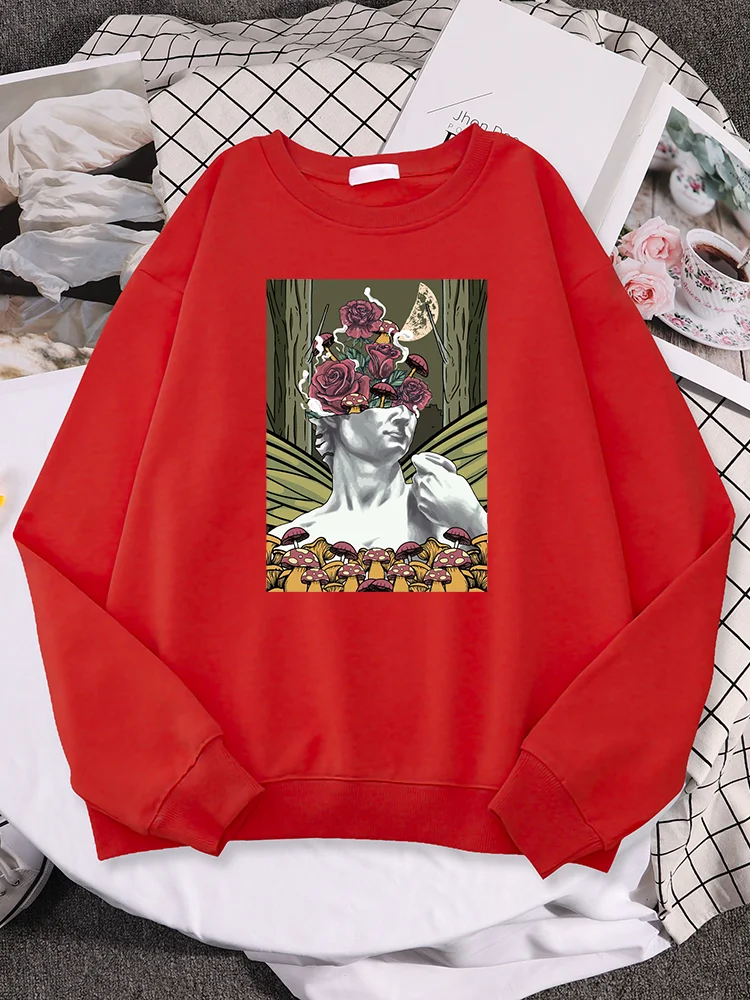 Fairycore Aesthetic Statue Creative Rose Mushroom Print Hoodie Women Creativity Fashion Tops Personality O-Neck Woman Sweatshirt