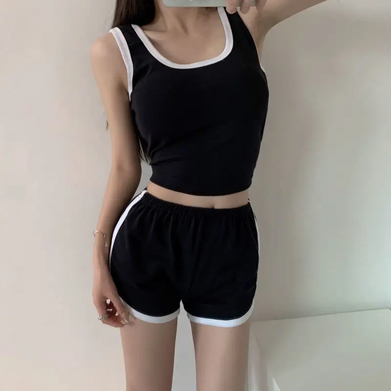 Shorts Sets Women 2 Pieces Panelled Design New Slim T-shirts Korean Style Ladies Sexy Fashion Summer Casual Daily Comfortable