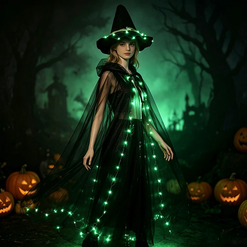 LED Light Up Hooded Tulle Cape Glowing Long Cloak Halloween Witch Cosplay Costume for Carnival Rave Stage Performance Dres