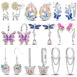 925 Sterling Silver Earrings Women Jewelry Butterfly Flower Dragonfly Zircon Hoop Ear Studs Sparkling Earring Wedding Gift
