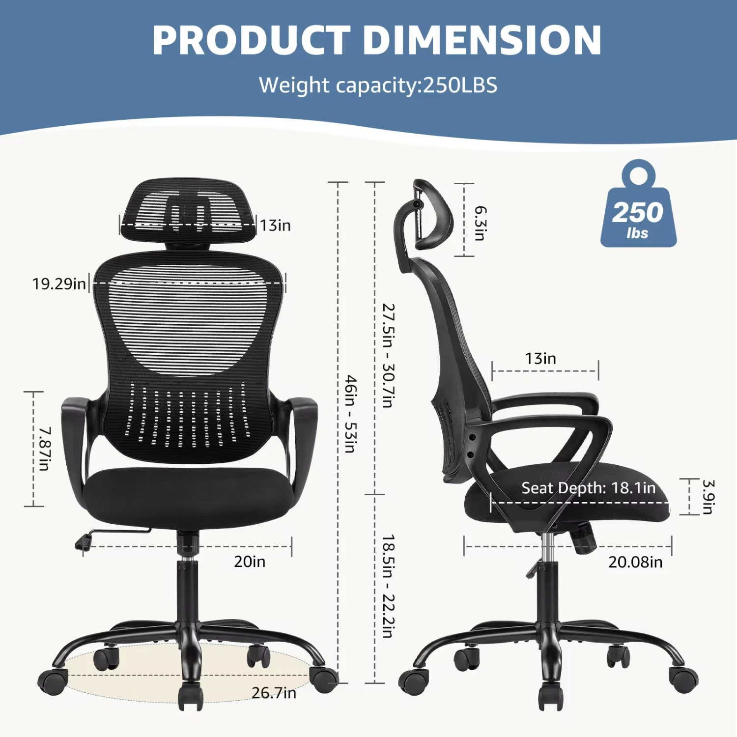 Ergonomic Mesh Fixed Armrest Office Computer Desk Chair Adjustable Headrests Comfortable Lumbar Support   Office