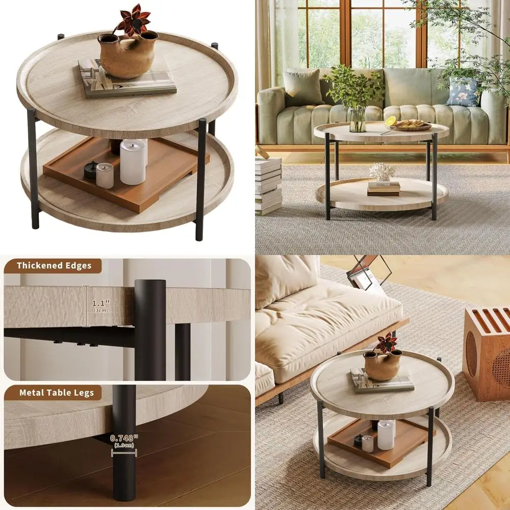 

Rustic 2-Tier Wood Coffee Table with Metal Legs, Storage Shelf, Ideal for Small Living Room Spaces