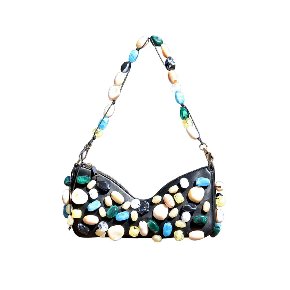 

Stone Beaded Decoration Shoulder Bag Women's PU Leather Underarm Bag High Street Fashion Handbag Casual Female Matching Tote