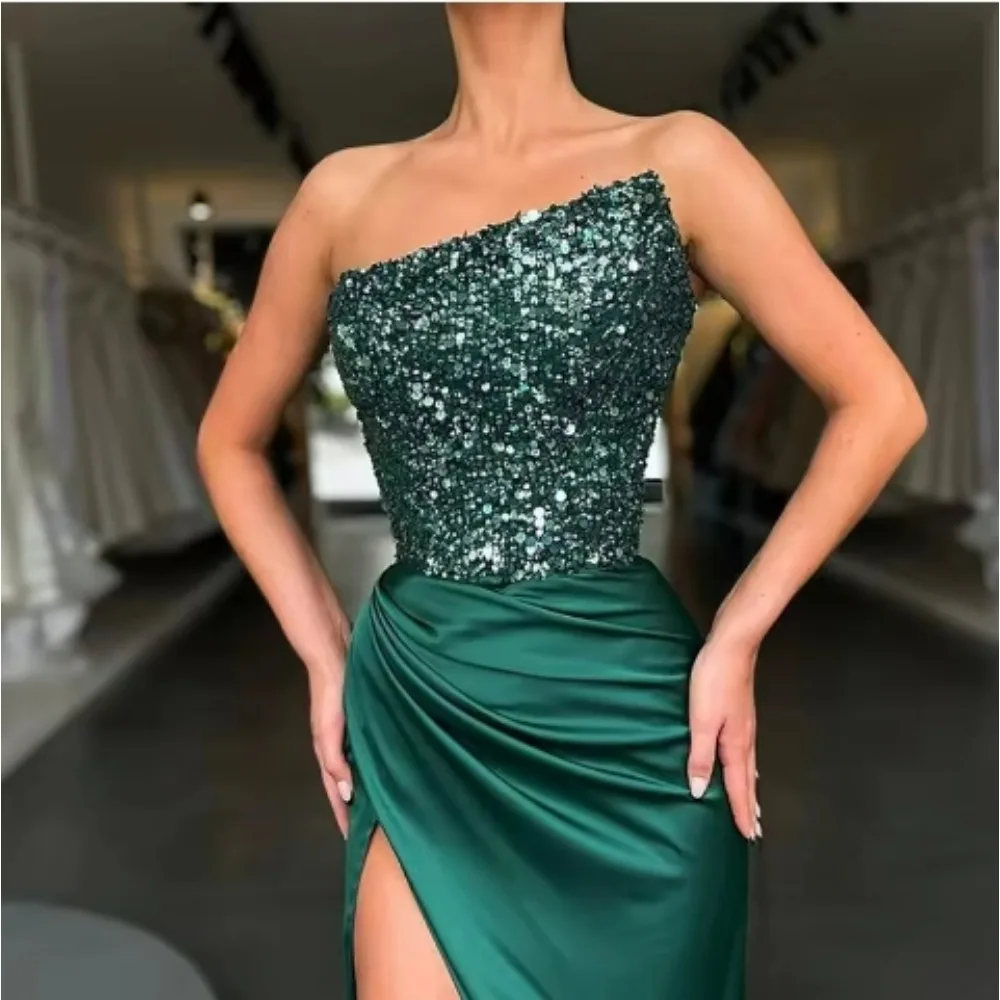 Mermaid Chiffon Floor-Length Sequined Classic Prom Dress Women Luxurious Medium Long Evening Party Dresses Strapless Sleeveless