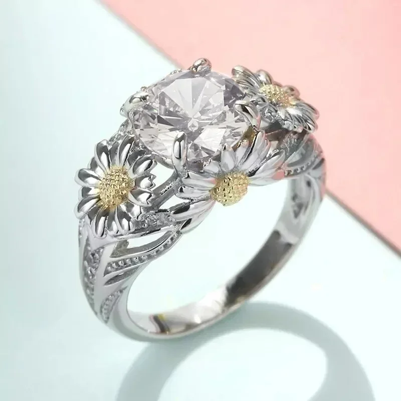 New Elegant Daisy Flower Single Ring for Women, Fresh Countryside, Light Luxury, Four Claw Inlaid Zircon Jewelry Accessories