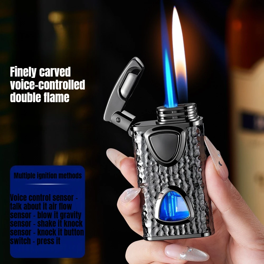 Isqueiro inteligente com controle de voz de chama dupla, comutação de chama dupla personalizada, isqueiro masculino recarregável à prova de vento