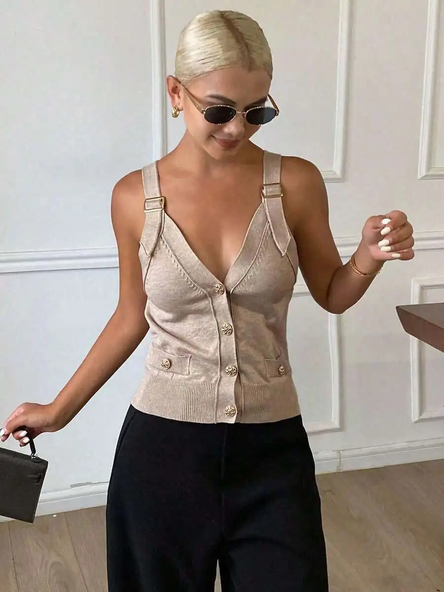 Women's Solid Color Camisole V-Neck Sleeveless Elegant Summer Thin Knit Tank Top