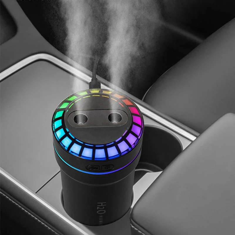 300ML Double Spray Vehicle Air Humidifier Type-c USB Music Rhythm Spray Humidifier with Mood Light Car Mini Aroma Humidifier