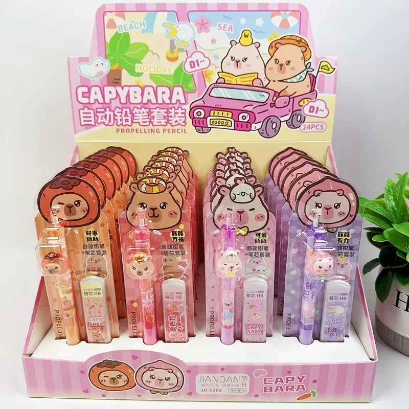 4Set Resin Doll Cartoon Capybara Stationery Set 0.5mm Refill Automatic Pencil Kawaii Plastic Mechanical Pencils Kids Gift