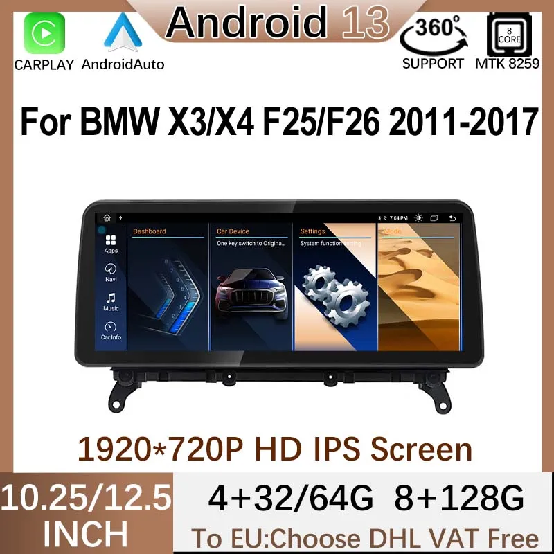 

MT8259 10.25" 12.5" Android13 8G+128G For BBMW X3 F25 X4 F26 Central Multimedia Carplay Video Player GPS Navigation Bluetooth 4G