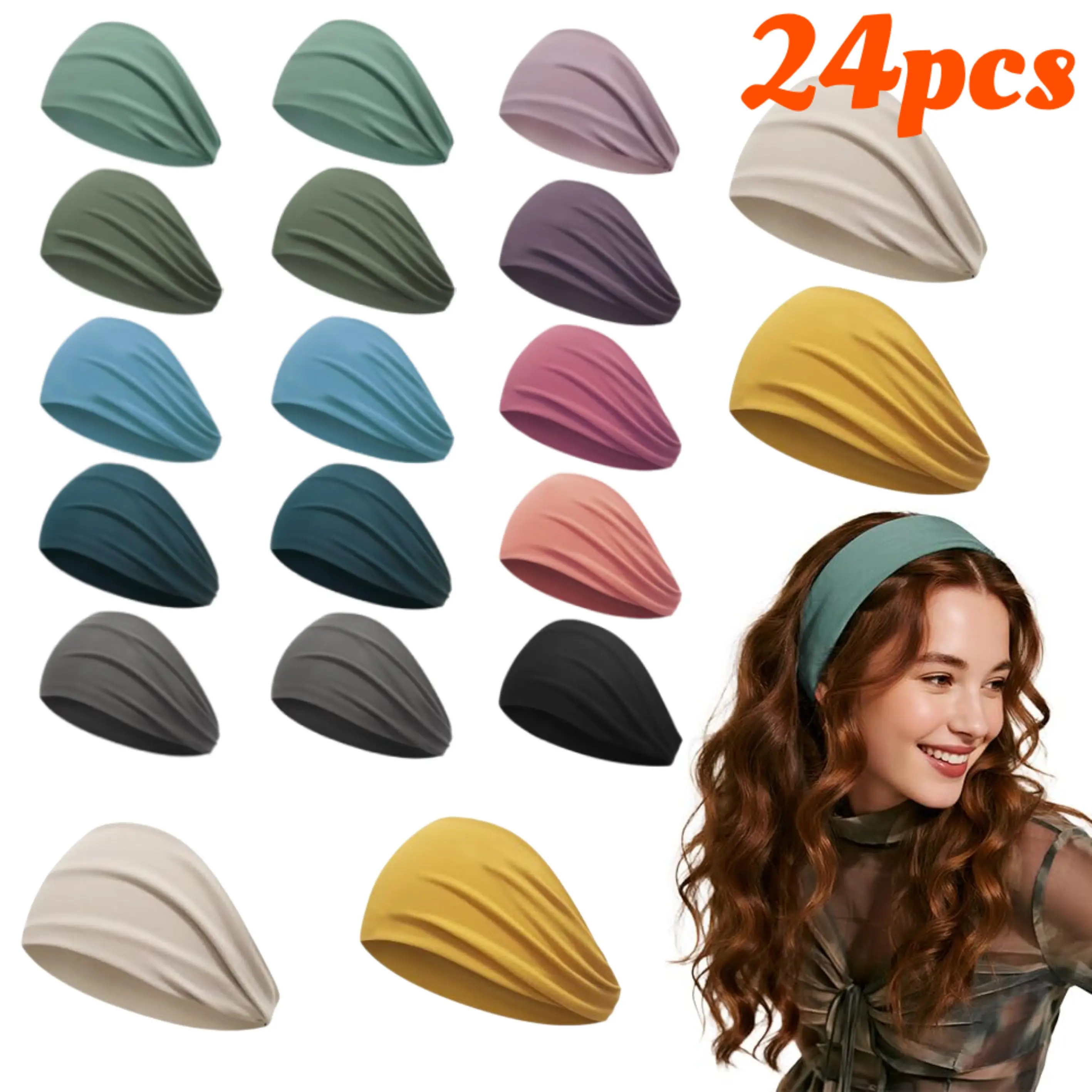 

24 шт. однотонных эластичных лент для йоги, влагоотводящих, с эластичной повязкой на голову, подходят для бега, велоспорта и танцев.